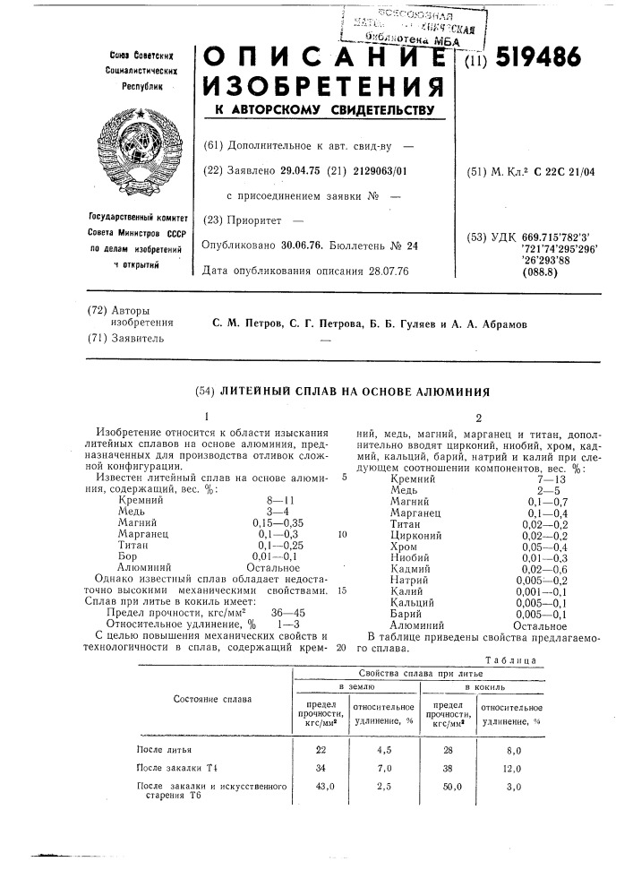 Литейный сплав на основе алюминия (патент 519486)