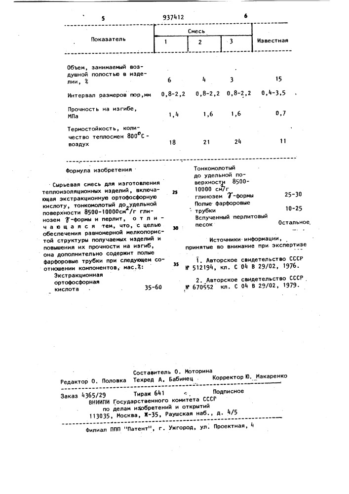 Сырьевая смесь для изготовления теплоизоляционных изделий (патент 937412)