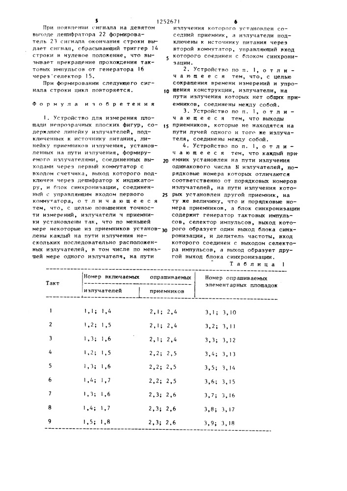 Устройство для измерения площади непрозрачных плоских фигур (патент 1252671)