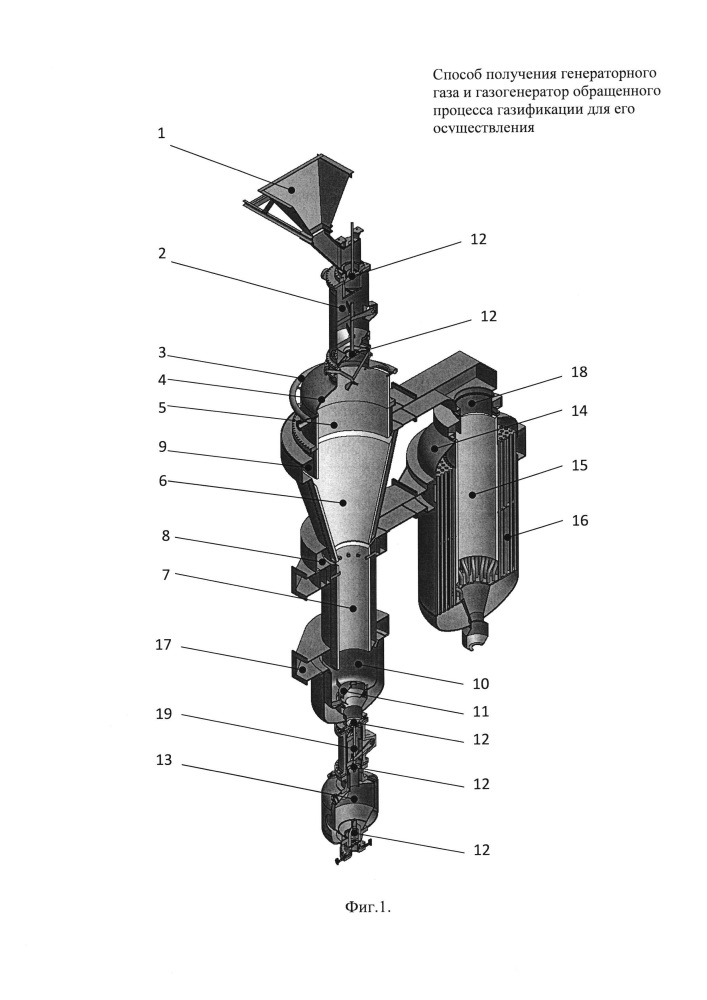 Способ получения генераторного газа и газогенератор обращенного процесса газификации для его осуществления (патент 2647309)