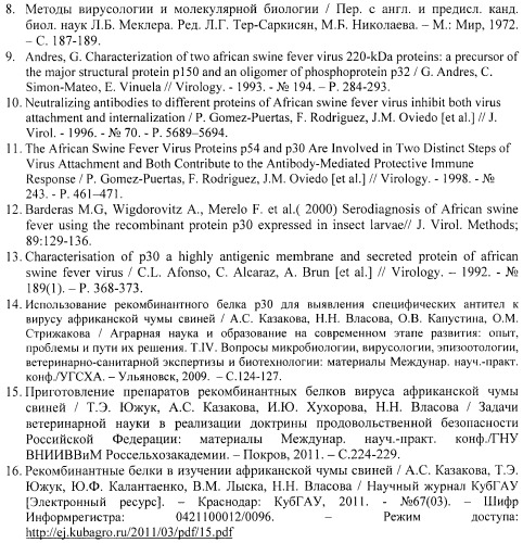 Штамм клеток e.coli bl21(de3)plyss, клон ptt9/asfvp30, содержащий рекомбинантную плазмиду со встройкой участка гена ср204l вируса африканской чумы свиней, кодирующего конформационный эпитоп белка p30, для изготовления диагностических препаратов (патент 2463343)