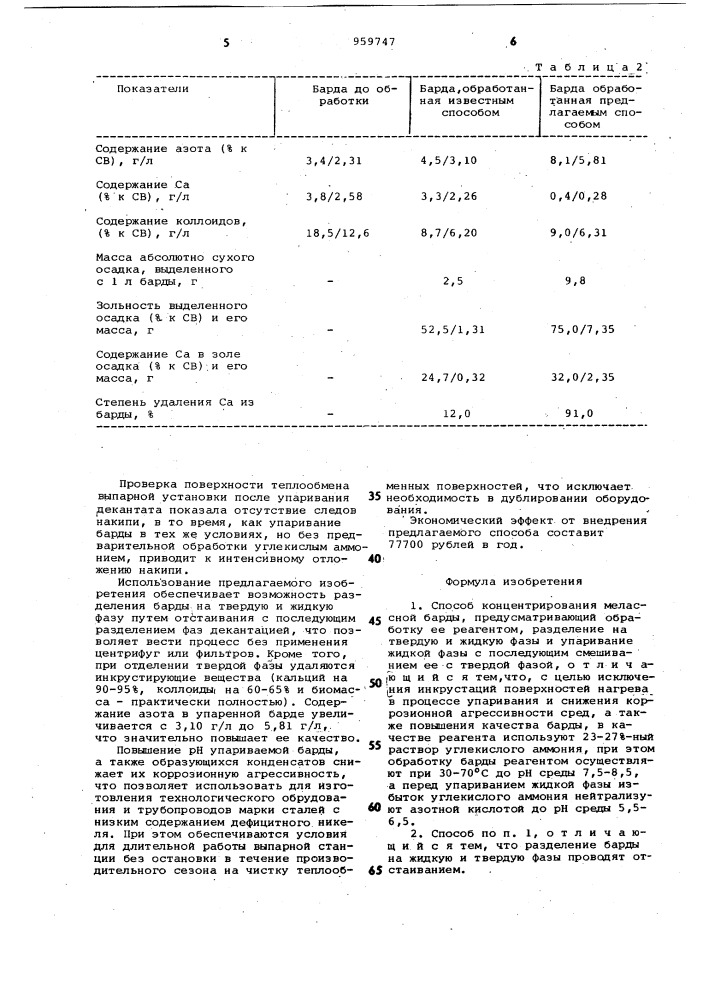 Способ концентрирования мелассной барды (патент 959747)