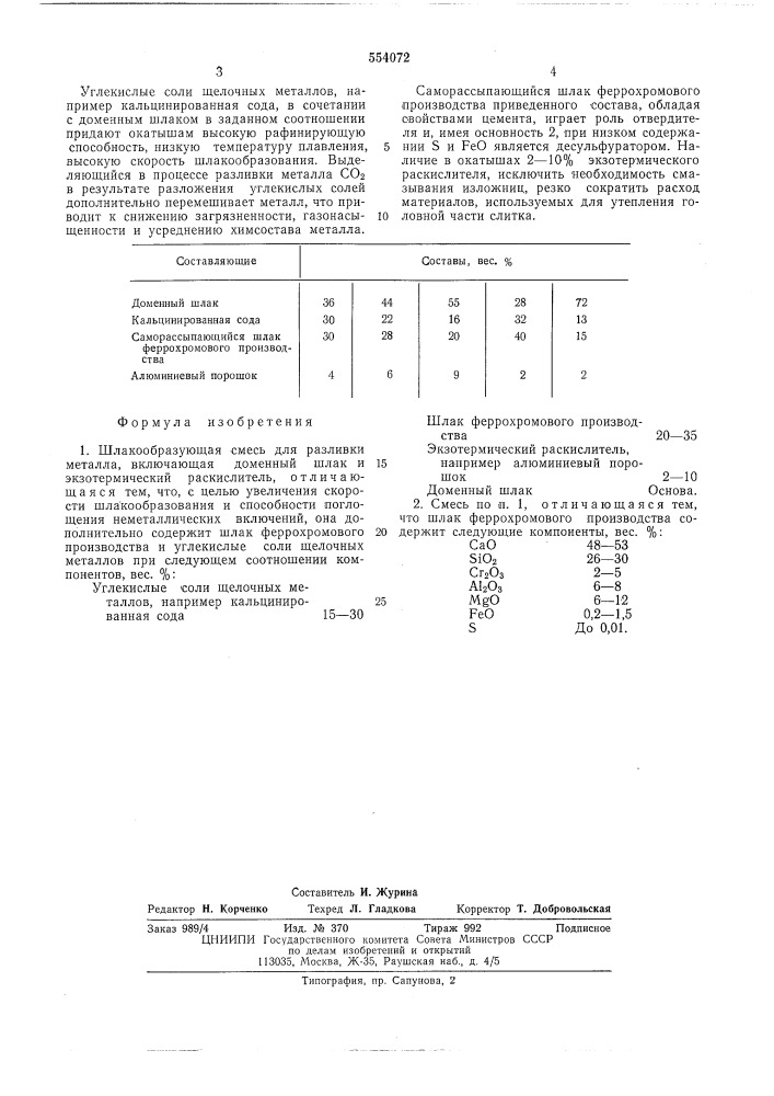 Шлакообразующая смесь для разливки металла (патент 554072)