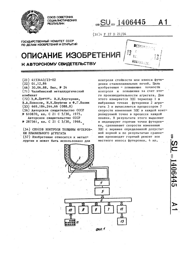Способ контроля толщины футеровки плавильного агрегата (патент 1406445)