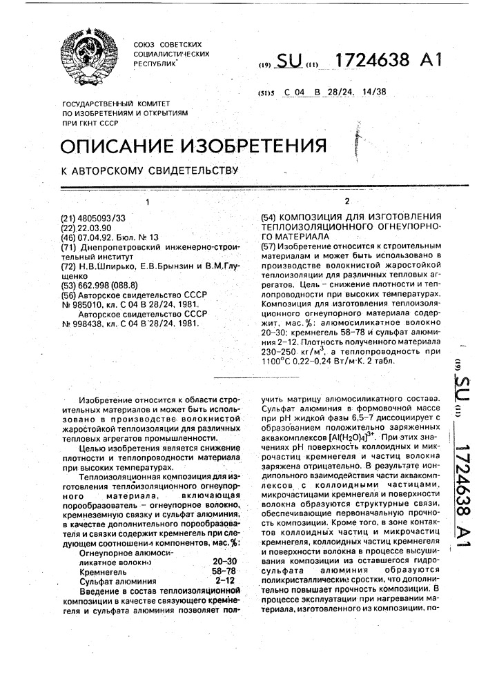 Композиция для изготовления теплоизоляционного огнеупорного материала (патент 1724638)