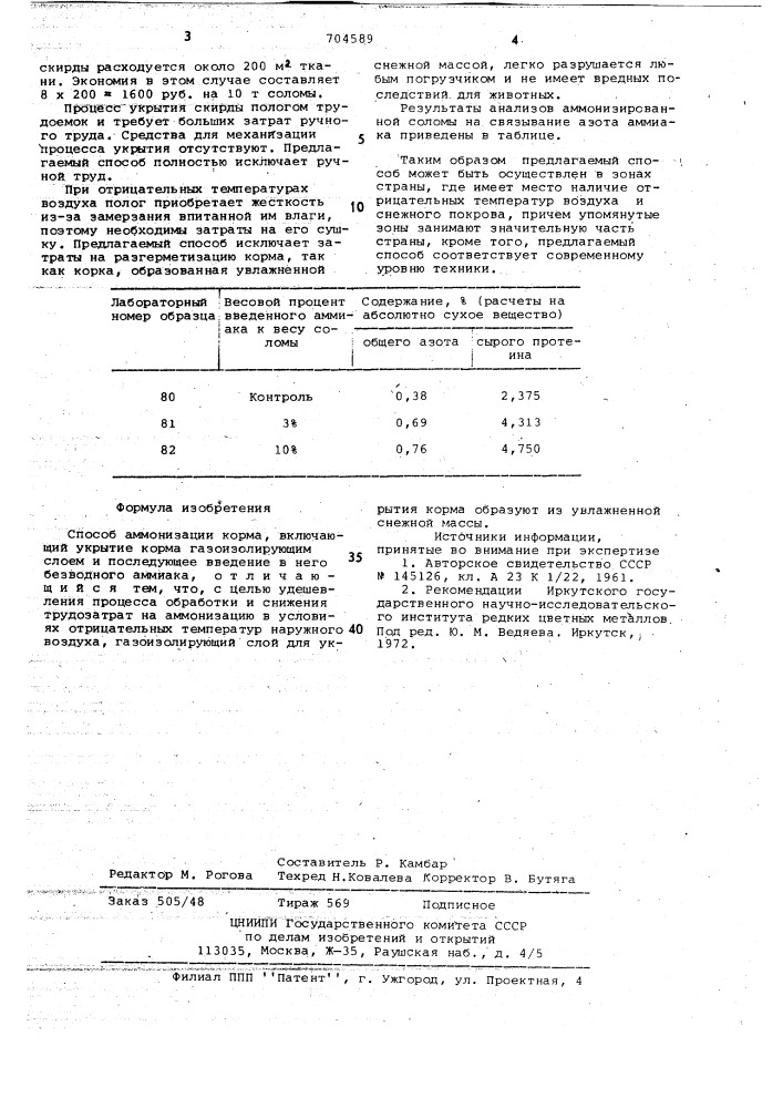 Способ аммонизации корма (патент 704589)