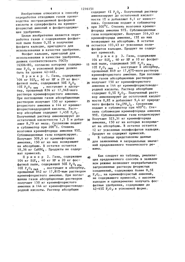 Способ получения кремнефтористого аммония и фосфата кальция (патент 1216151)
