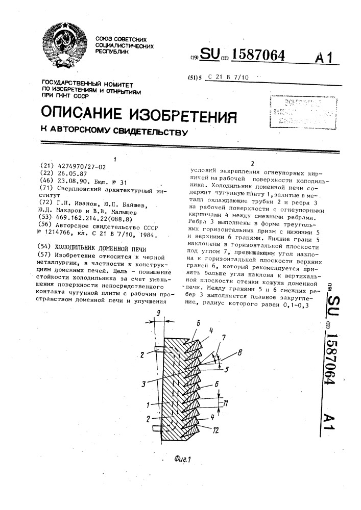 Холодильник доменной печи (патент 1587064)