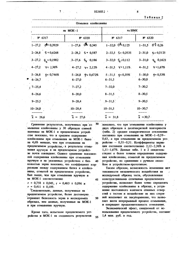 Устройство для отмывания клейковины (патент 1026052)