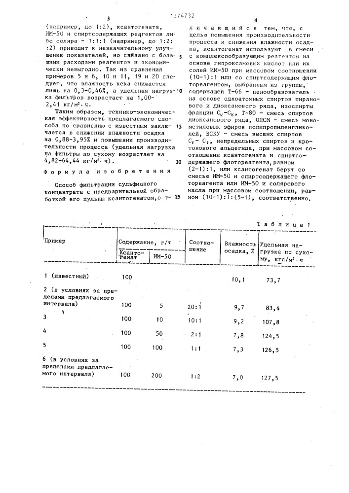 Способ фильтрации сульфидного концентрата (патент 1274732)
