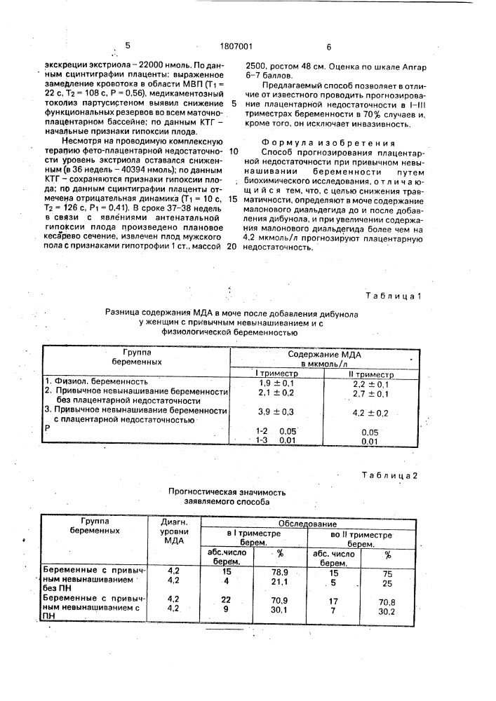 Способ прогнозирования плацентарной недостаточности (патент 1807001)