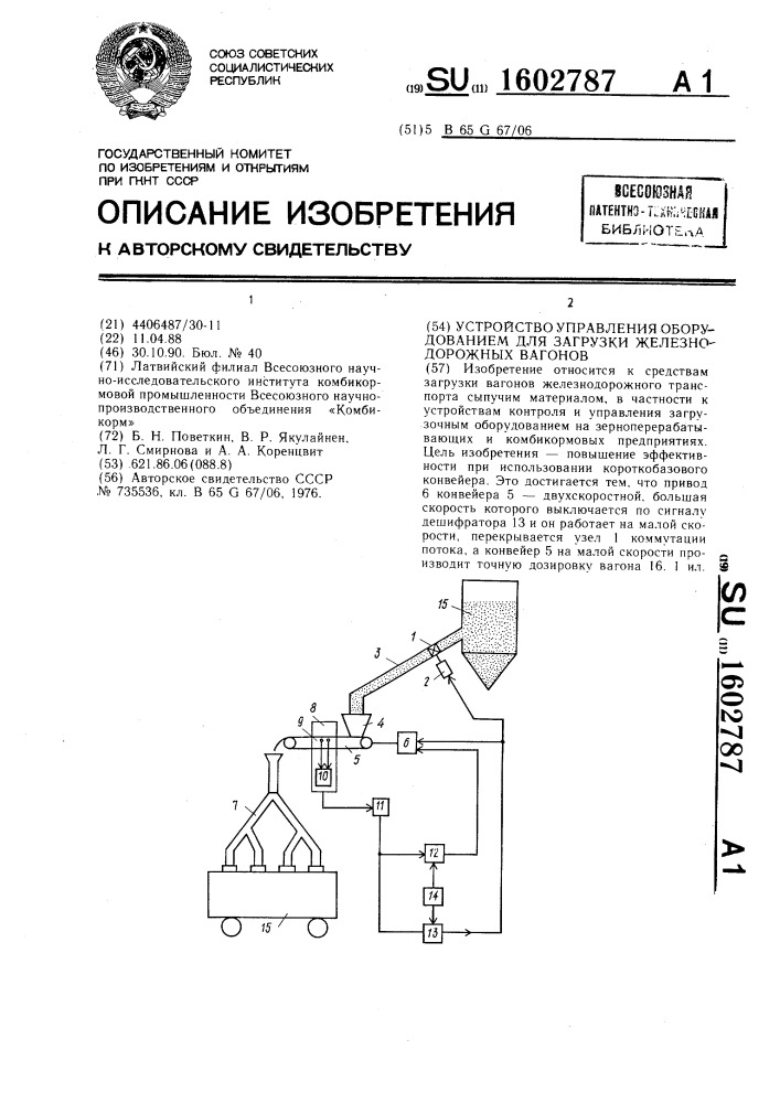 Устройство управления оборудованием для загрузки железнодорожных вагонов (патент 1602787)