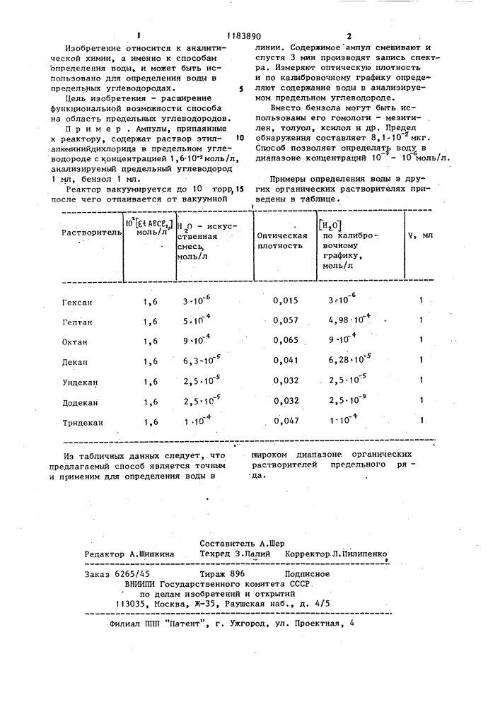 Способ спектрофотометрического определения воды в органических растворителях (патент 1183890)