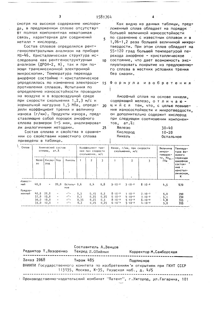Аморфный сплав на основе никеля (патент 1581764)