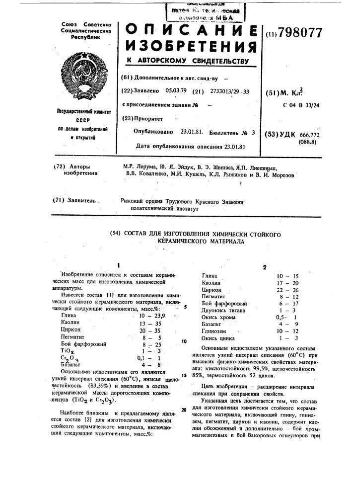 Состав для изготовления хими-чески стойкого керамическогоматериала (патент 798077)