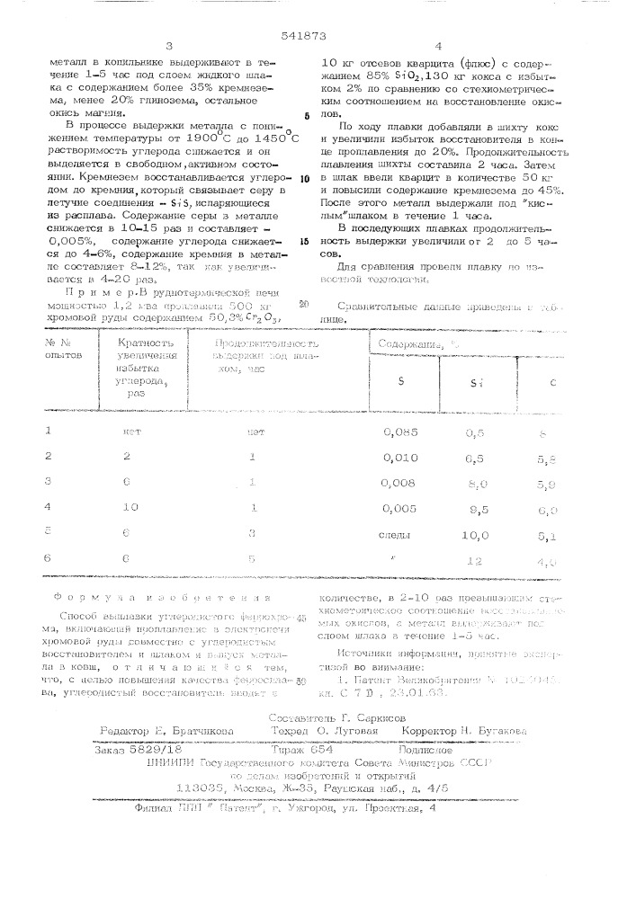 Способ выплавки углеродистого феррохрома (патент 541873)