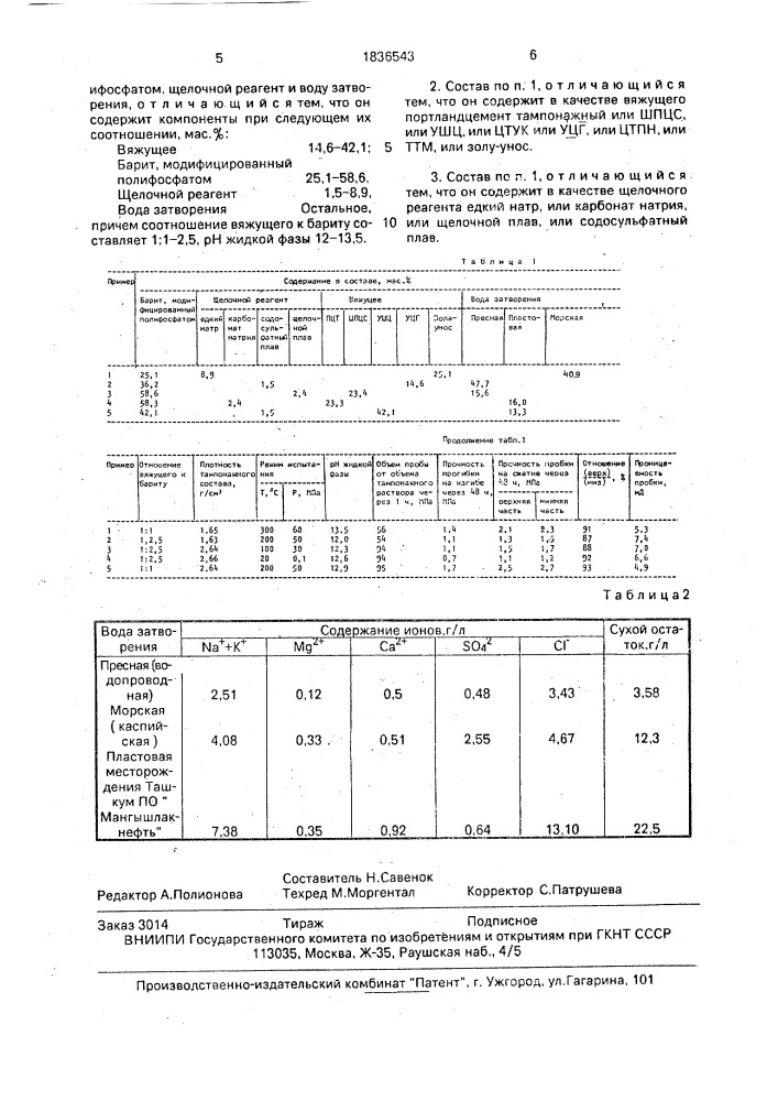 Тампонажный состав (патент 1836543)