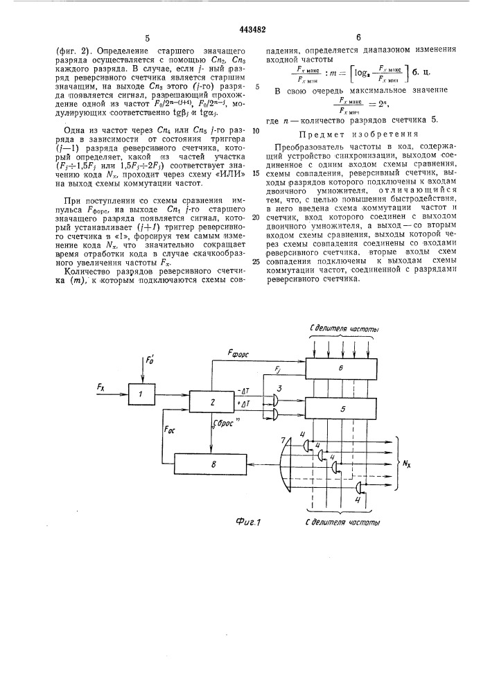 Преобразователь частоты в код (патент 443482)