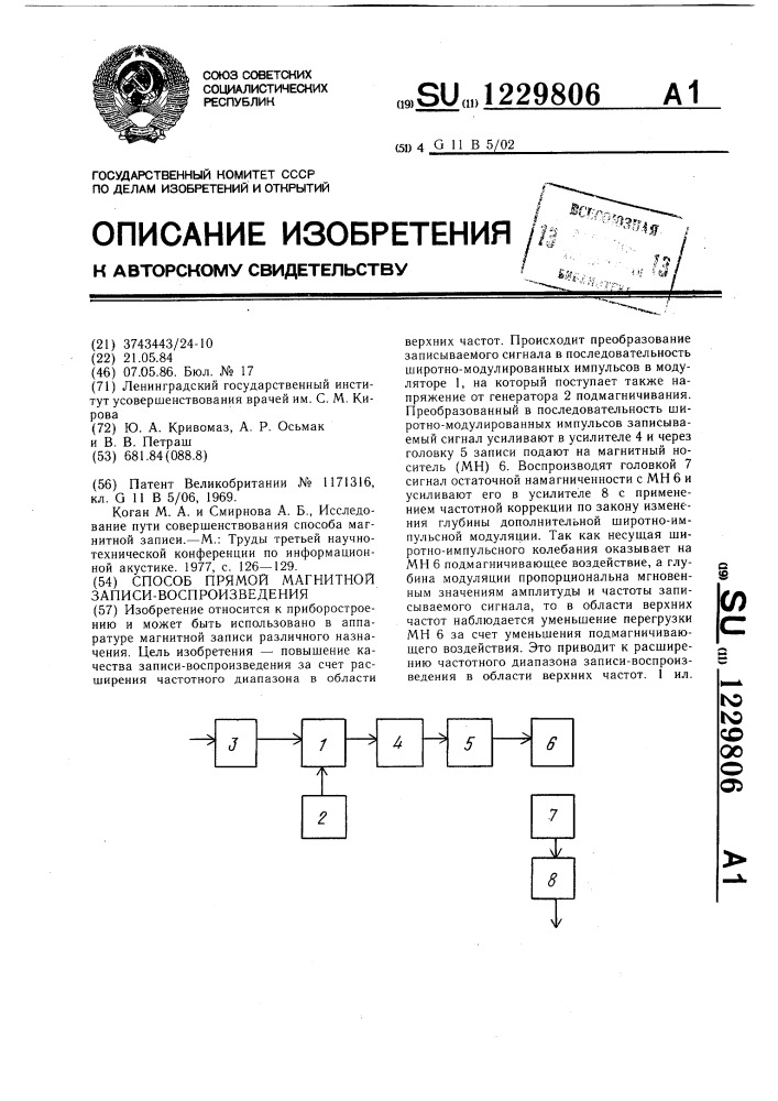 Способ прямой магнитной записи-воспроизведения (патент 1229806)