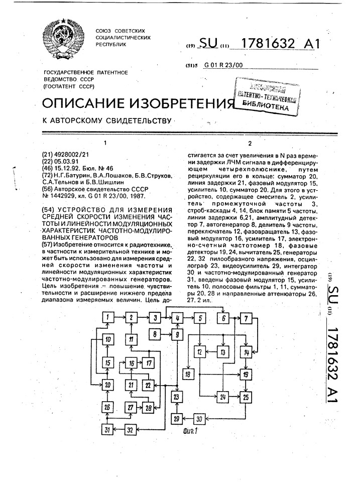 Устройство для измерения средней скорости изменения частоты и линейности модуляционных характеристик частотно- модулированных генераторов (патент 1781632)