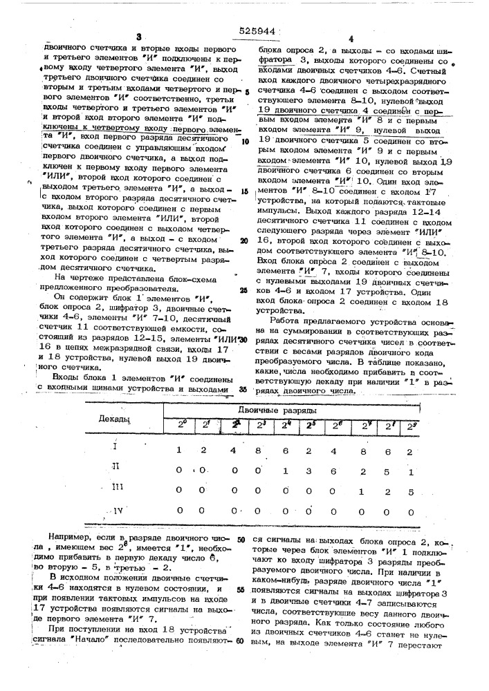 Преобразователь двоичного кода в десятичный (патент 525944)