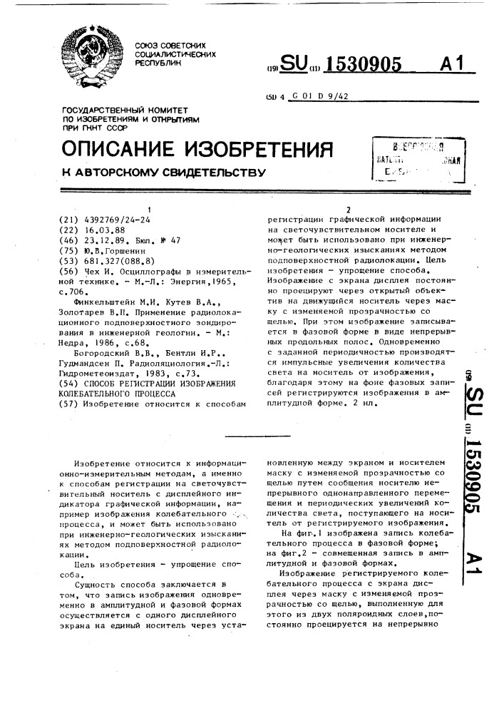 Способ регистрации изображения колебательного процесса (патент 1530905)