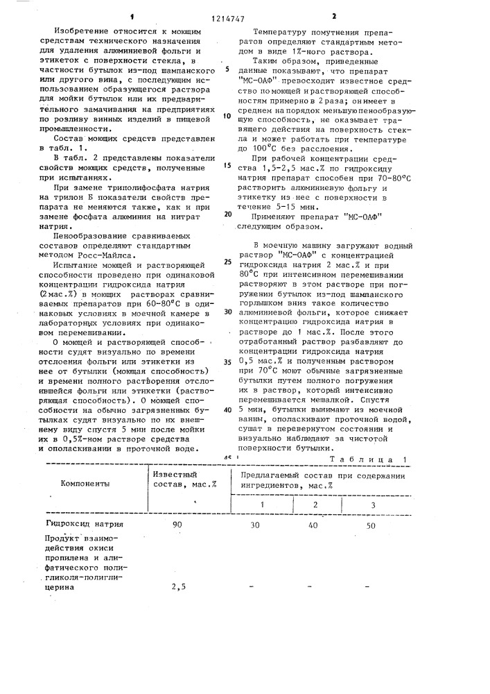 Моющее средство "мс-оаф" для очистки стеклянной поверхности от алюминиевой фольги и этикеток (патент 1214747)