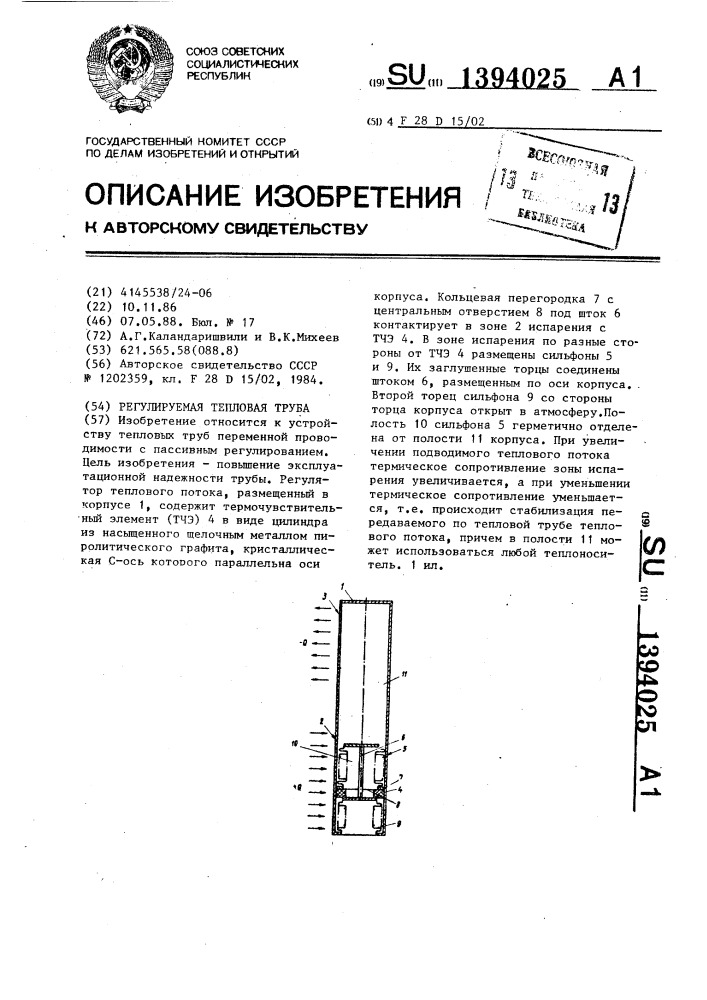 Регулируемая тепловая труба (патент 1394025)