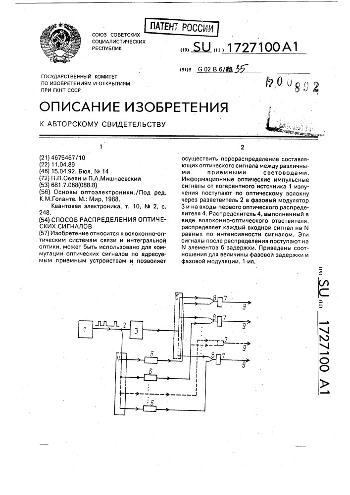 Способ распределения оптических сигналов (патент 1727100)