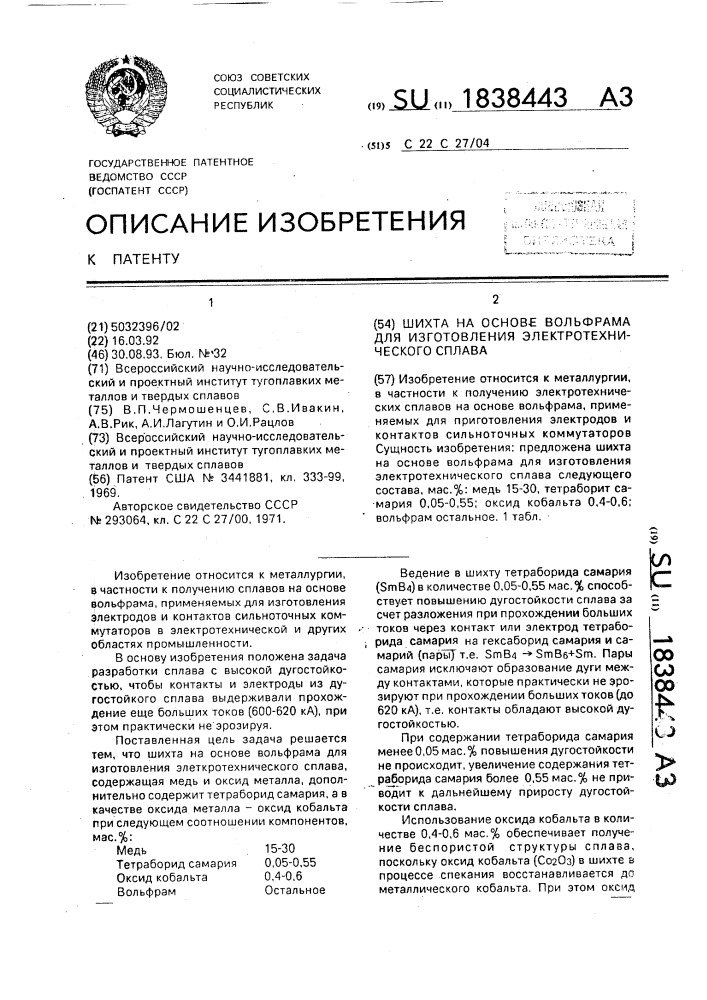 Шихта на основе вольфрама для изготовления электротехнического сплава (патент 1838443)