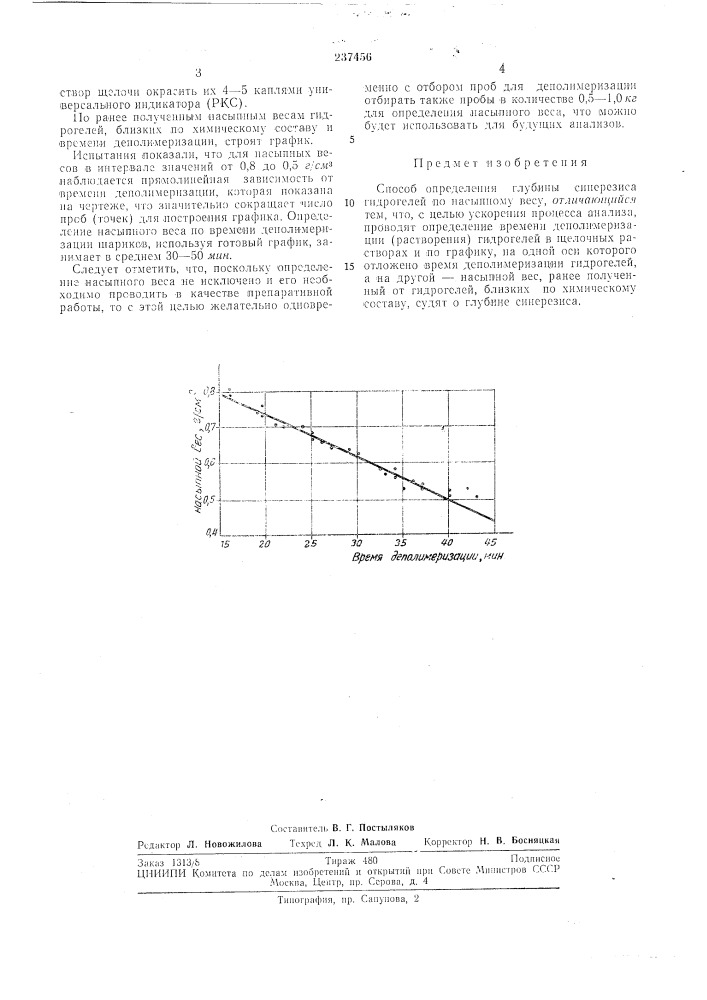 Способ определения глубины синерезиса гидрогелей (патент 237456)