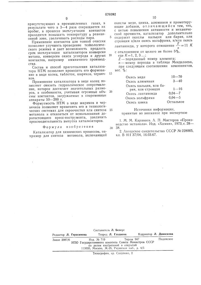 Катализатор для химических процессов, например,для синтеза метанола (патент 570392)