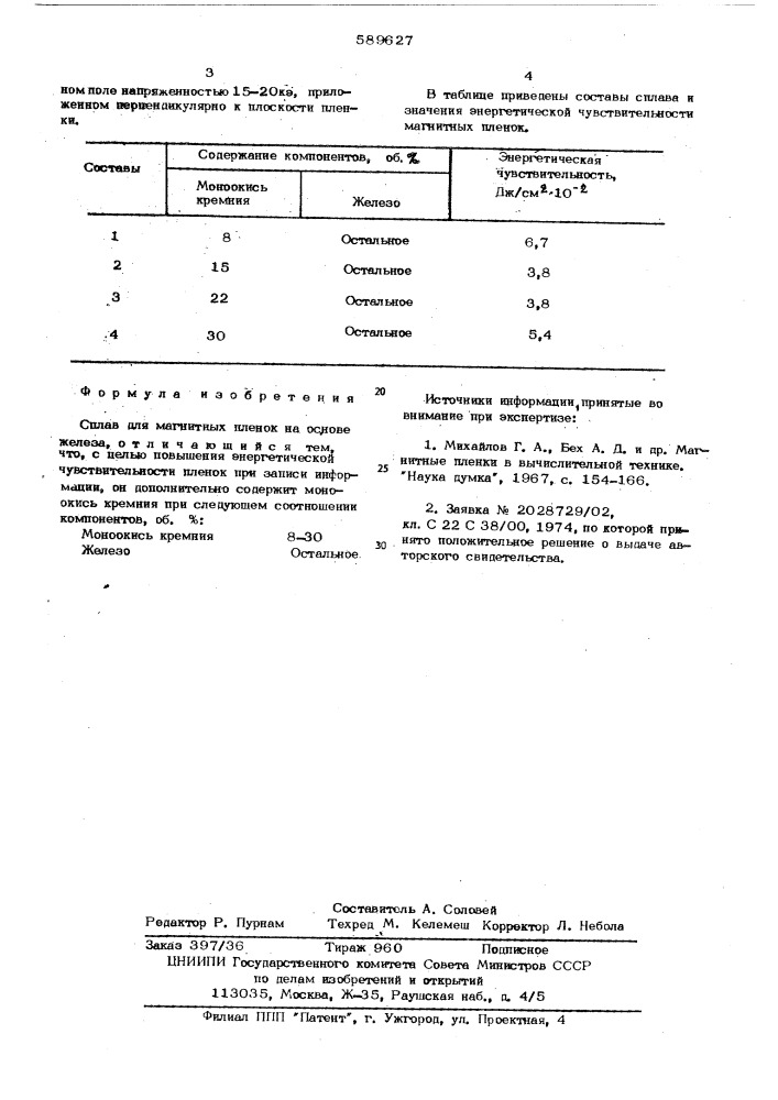 Сплав для магнитных пленок на основе железа (патент 589627)