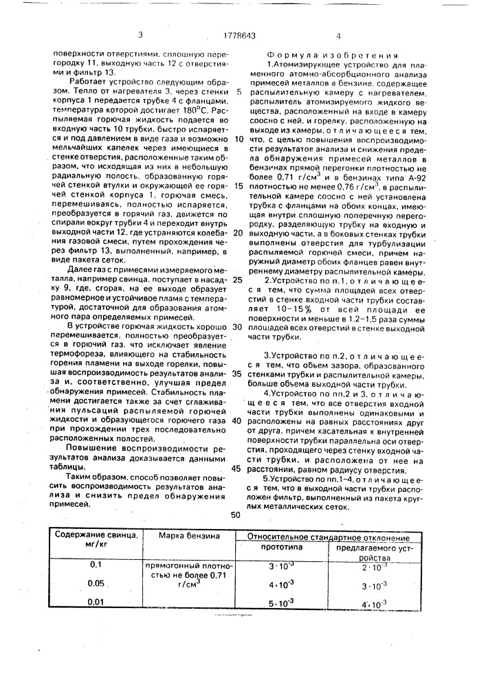 Атомизирующее устройство для пламенного атомно- абсорбционного анализа примесей металлов в бензине (патент 1778643)