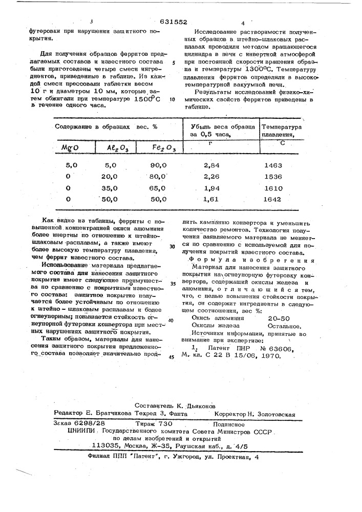 Материал для нанесения защитного покрытия на огнеупорную футеровку конвертора (патент 631552)