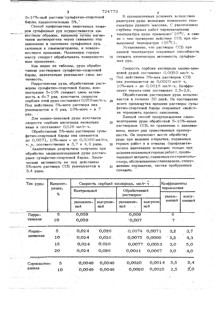 Способ профилактики эндогенных пожаров сульфидных руд (патент 724773)