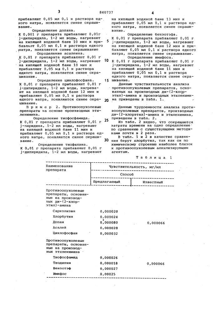 Способ определения противоопухолевыхпрепаратов ha ochobe производныхди- -хлор-этил-амина или производныхэтиленимина (патент 840737)