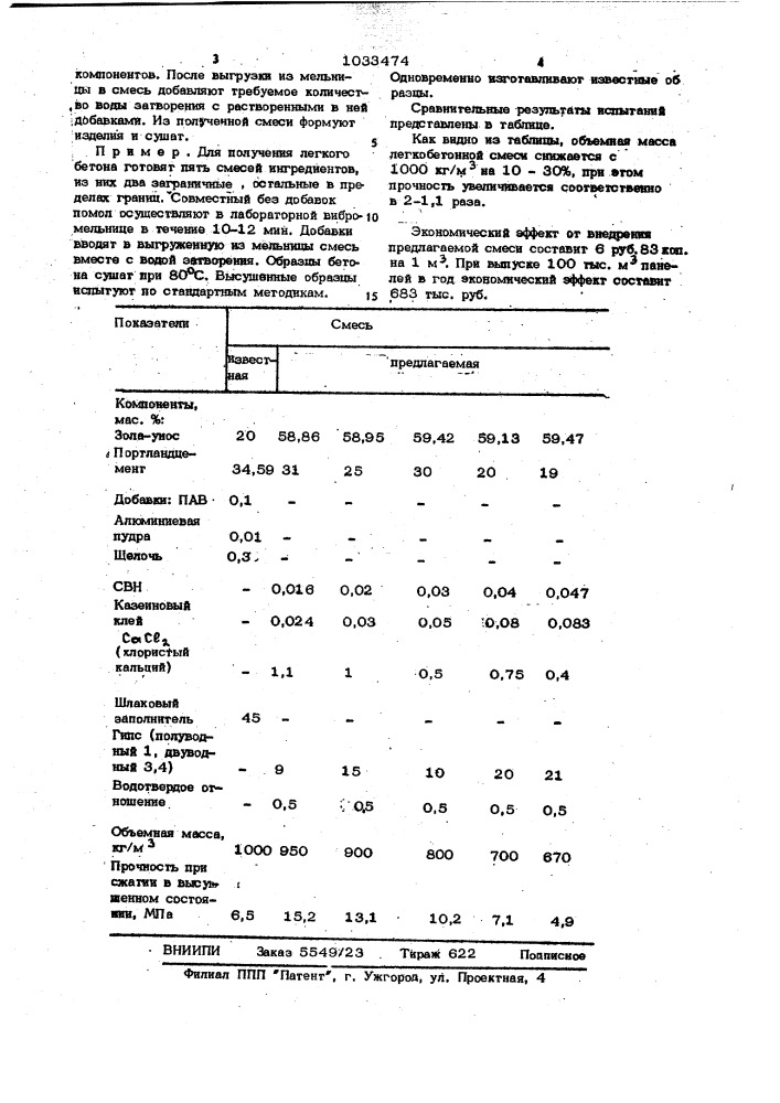 Сырьевая смесь для изготовления легкого бетона (патент 1033474)