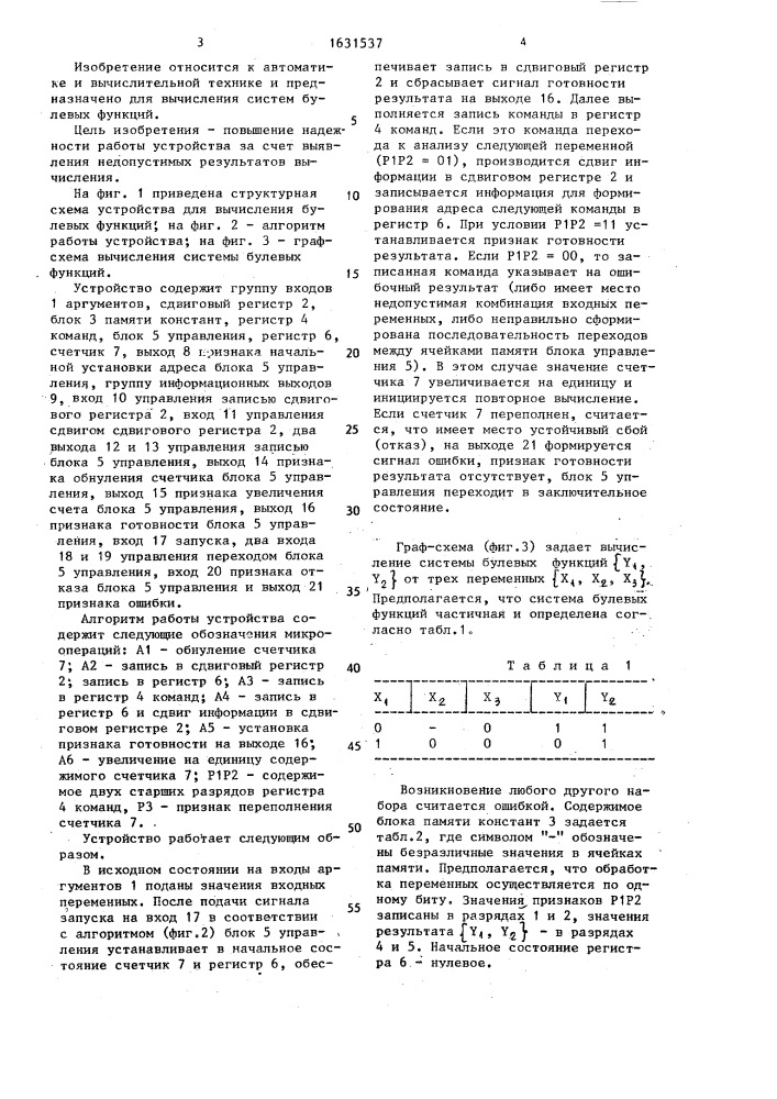 Устройство для вычисления систем булевых функций (патент 1631537)