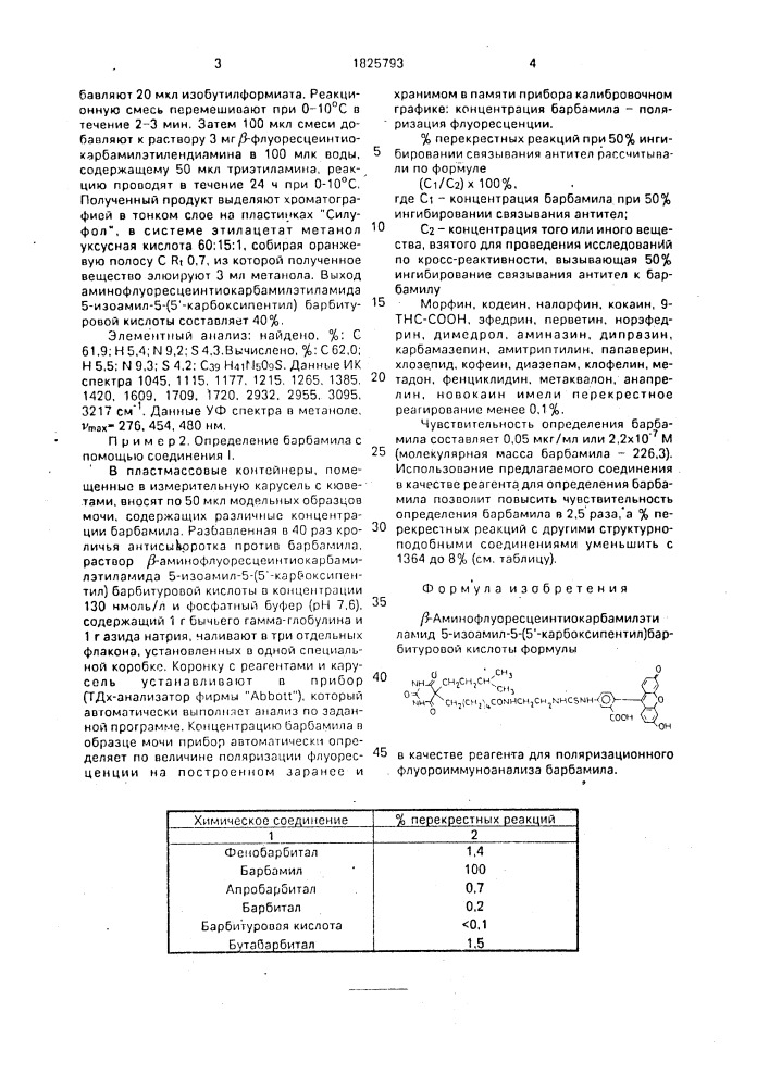 @ -аминофлуоресцеинтиокарбамилэтиламид 5-изоамил-5-(5 @ - карбоксипентил)барбитуровой кислоты в качестве реагента для поляризационного флуороиммуноанализа барбамила (патент 1825793)