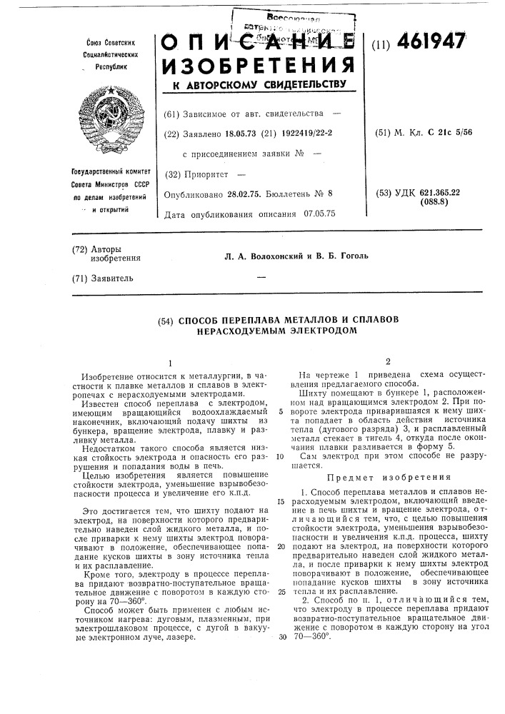 Способ переплава металлов и сплавов нерасходуемым электродом (патент 461947)