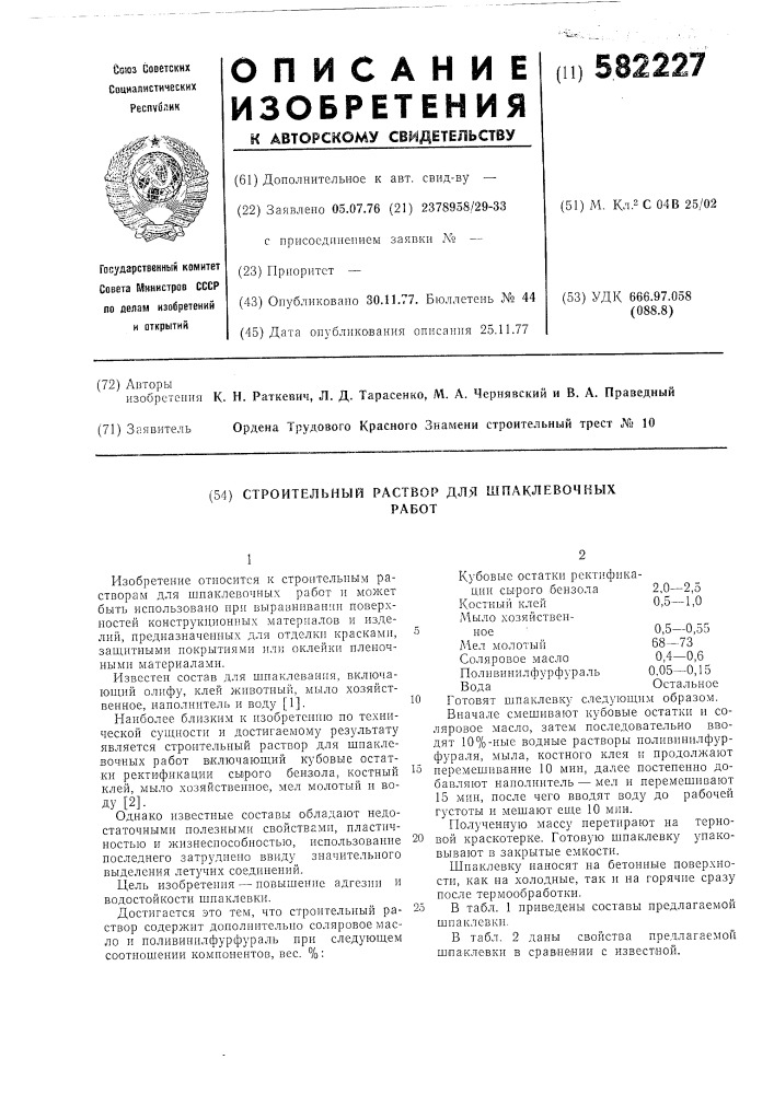 Строительный раствор для шпаклевочных работ (патент 582227)