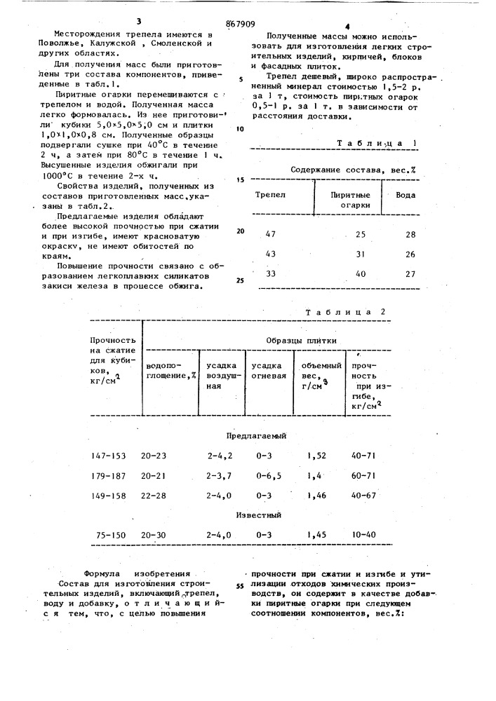 Состав для изготовления строительных изделий (патент 867909)