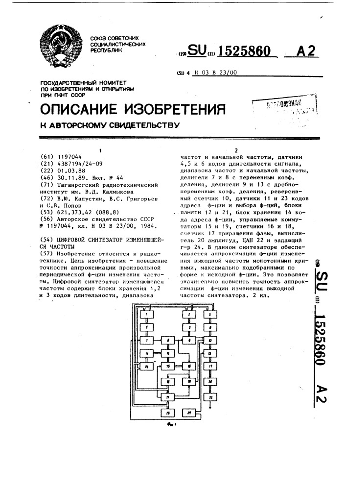 Цифровой синтезатор изменяющейся частоты (патент 1525860)