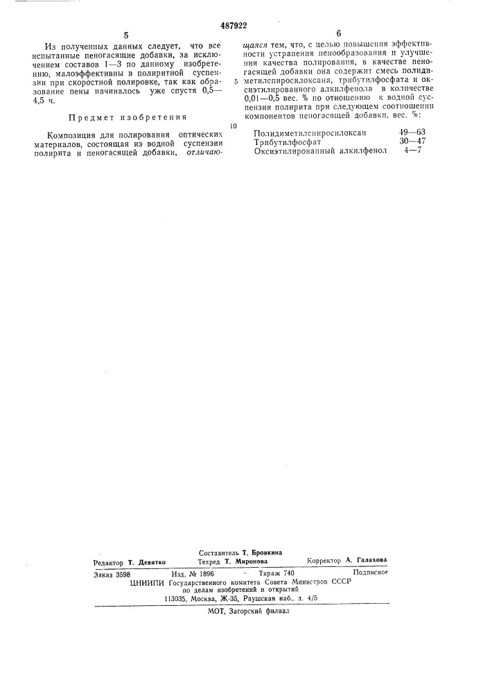 Композиция для полирования оптических материалов (патент 487922)