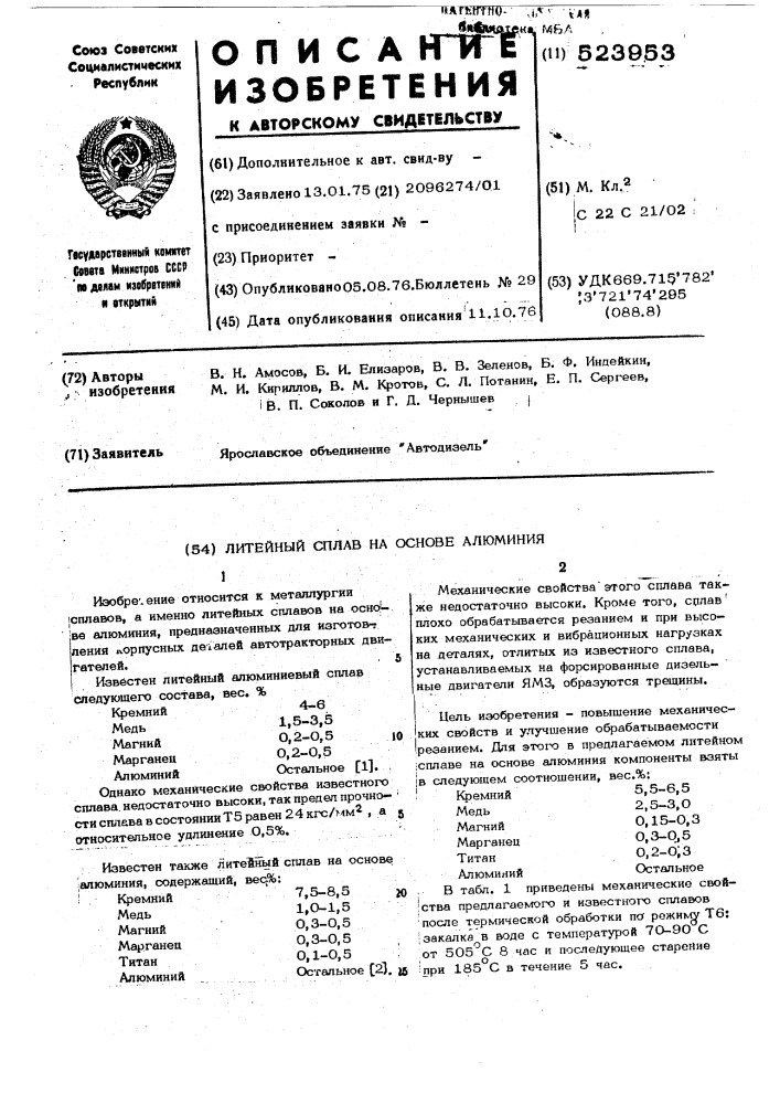 Литейный сплав на основе аллюминия (патент 523953)