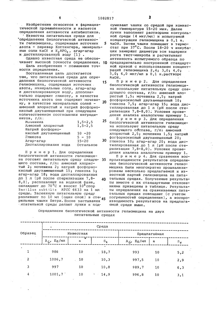 Питательная среда для определения биологической активности гелиомицина (патент 1082817)