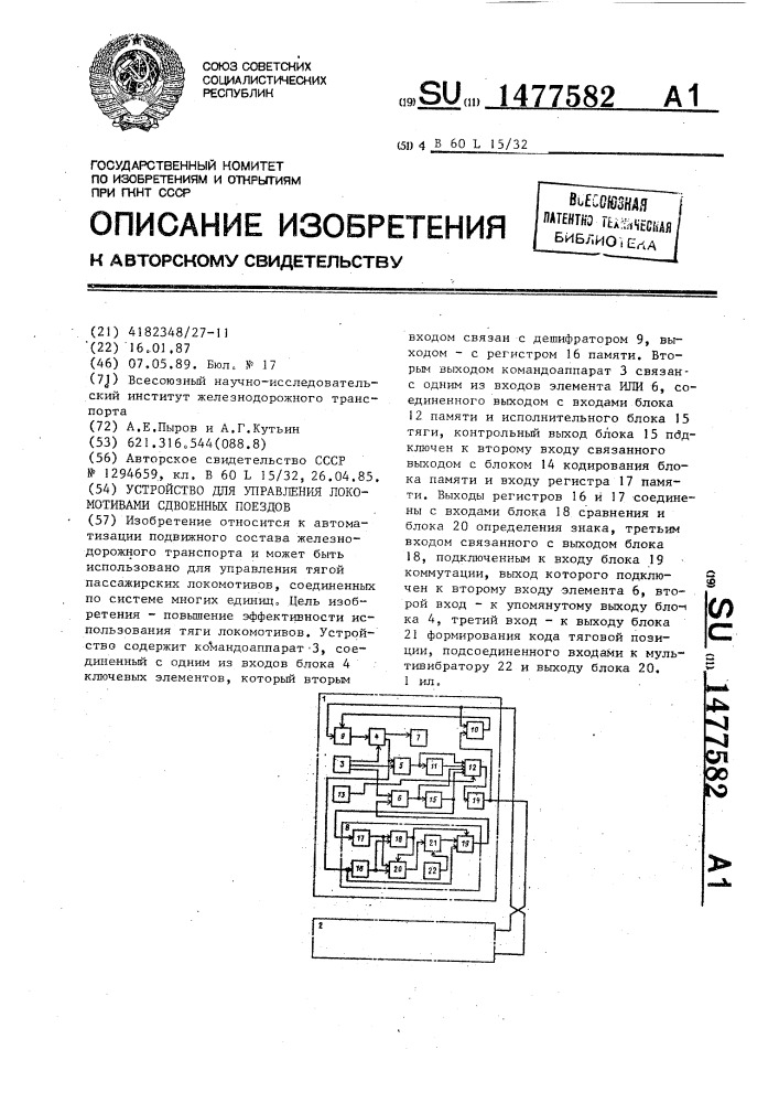 Устройство для управления локомотивами сдвоенных поездов (патент 1477582)