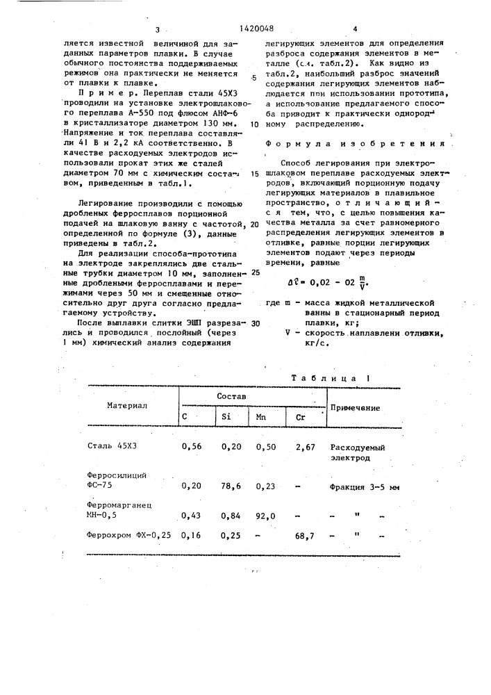 Способ легирования при электрошлаковом переплаве расходуемых электродов (патент 1420048)