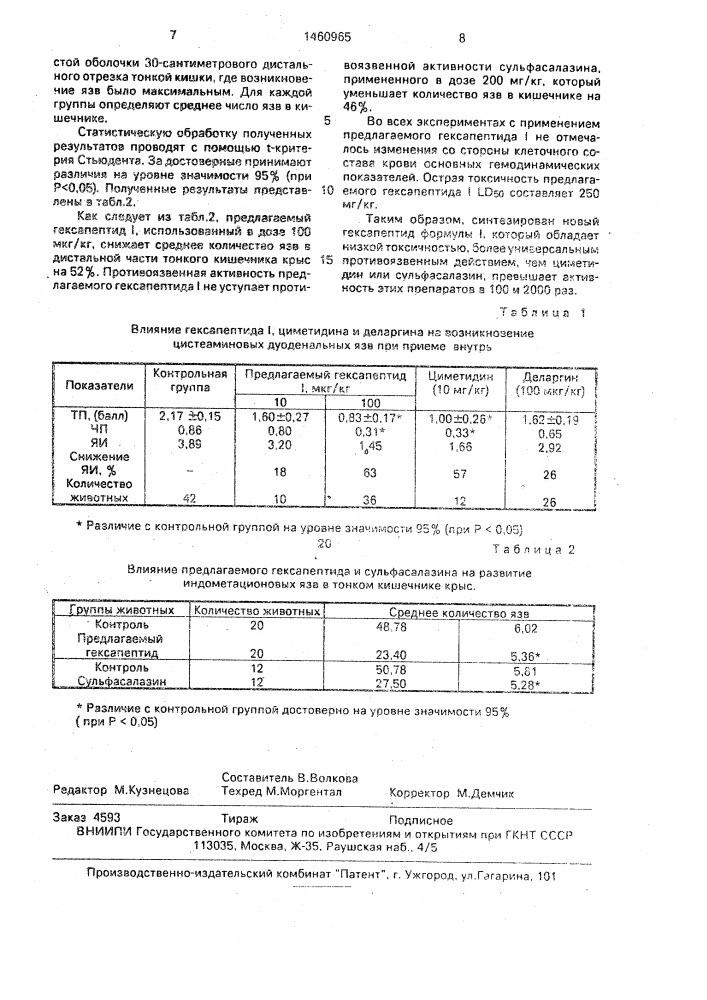 Гексапептид, обладающий противоязвенным действием (патент 1460965)